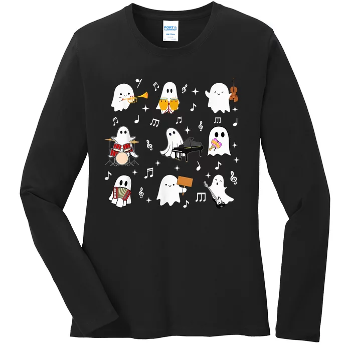 Halloween Music Teacher Ghost Playing Musical Instruments Ladies Long Sleeve Shirt