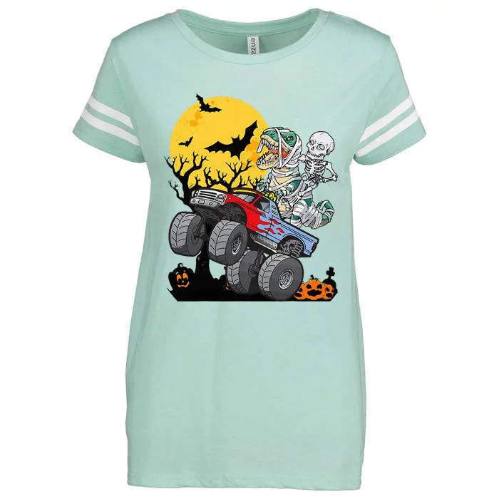 Halloween Monster Truck Pumpkin Mummy Dinosaur T Rex Enza Ladies Jersey Football T-Shirt