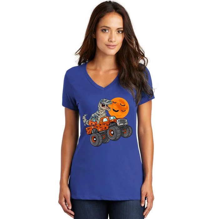 Halloween Mummy T Rex Monster Truck Teens Gift Women's V-Neck T-Shirt