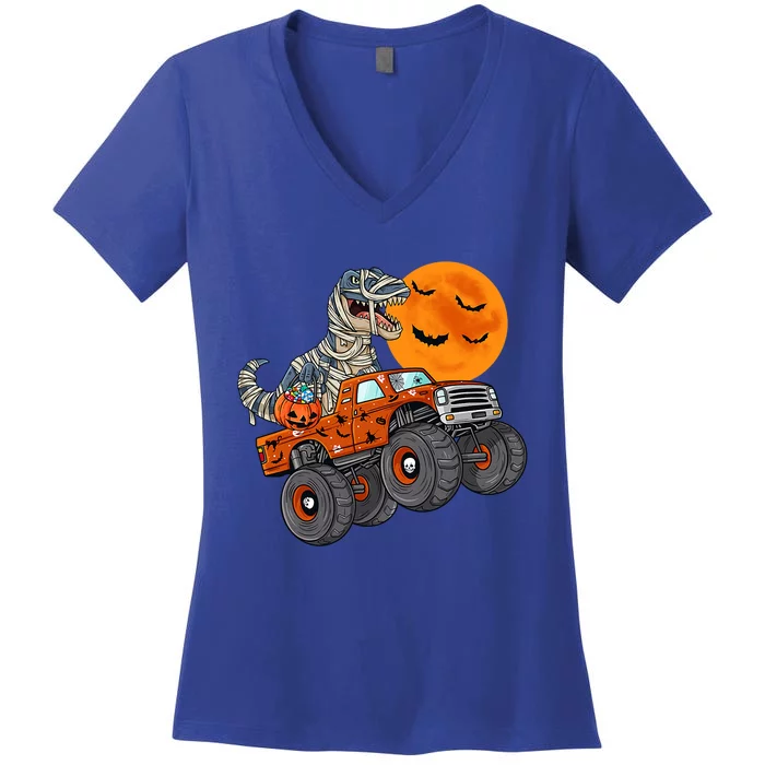 Halloween Mummy T Rex Monster Truck Teens Gift Women's V-Neck T-Shirt