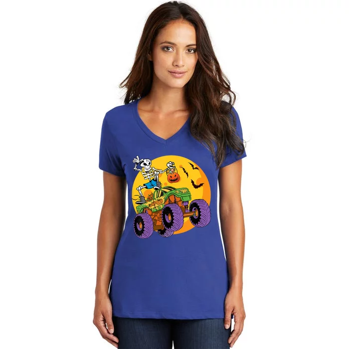 Halloween Monster Truck Skeleton Monster Trick Treat Gift Women's V-Neck T-Shirt