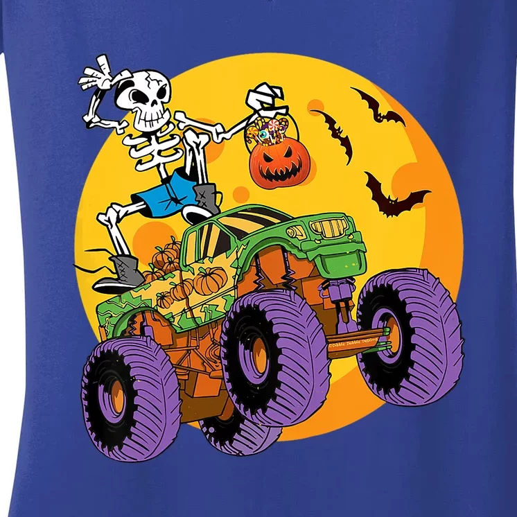 Halloween Monster Truck Skeleton Monster Trick Treat Gift Women's V-Neck T-Shirt