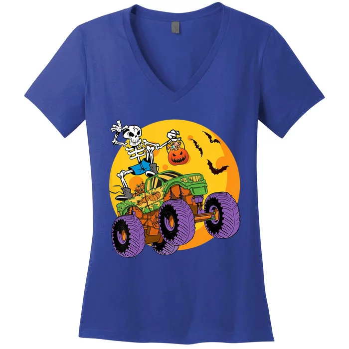 Halloween Monster Truck Skeleton Monster Trick Treat Gift Women's V-Neck T-Shirt