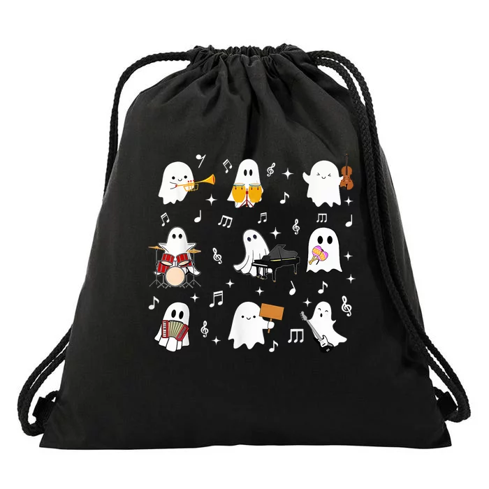 Halloween Music Teacher Ghost Playing Musical Instruments Drawstring Bag