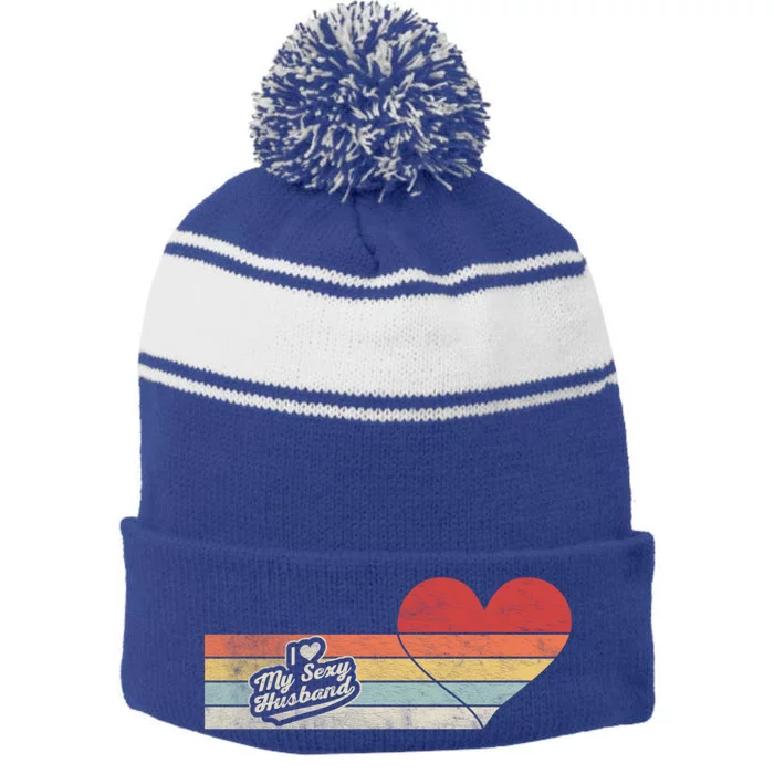 Hot Mom Vintage Retro I Love My Sexy Husband Valentines Day Meaningful Gift Stripe Pom Pom Beanie