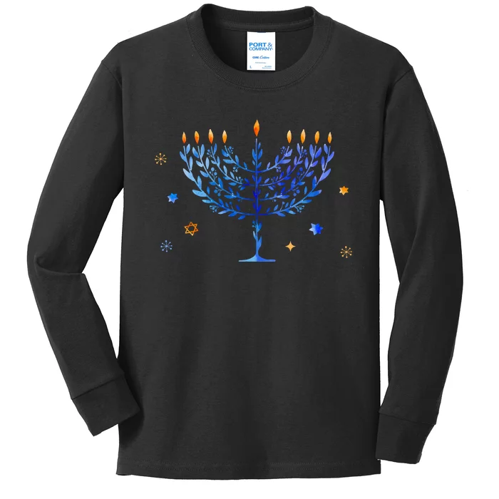 Hanukkah Menorah Watercolor Festival Of Light Kids Long Sleeve Shirt