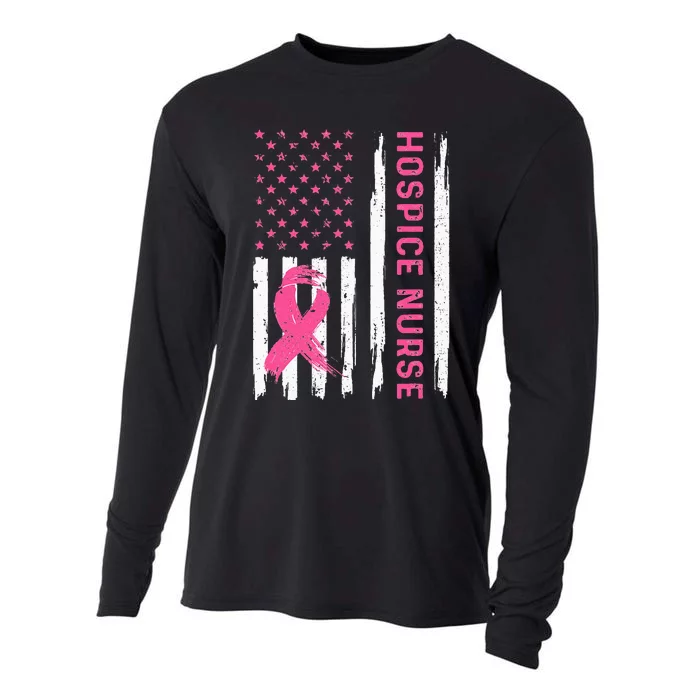 Hospice Nurse American Flag Nurse Breast Cancer Awareness Cooling Performance Long Sleeve Crew