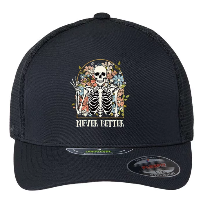 Halloween Never Better Skeleton Floral Skull Flexfit Unipanel Trucker Cap