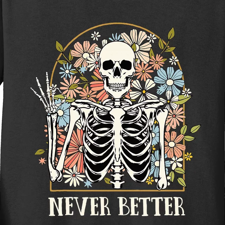 Halloween Never Better Skeleton Floral Skull Kids Long Sleeve Shirt