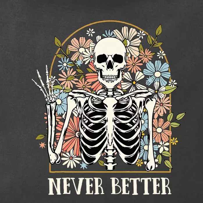 Halloween Never Better Skeleton Floral Skull Zip Tote Bag