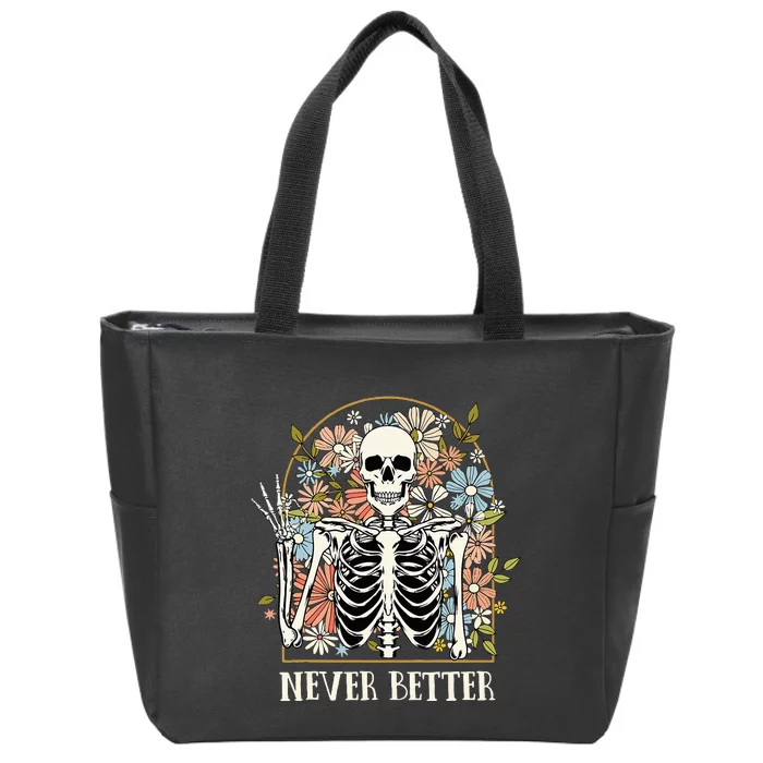 Halloween Never Better Skeleton Floral Skull Zip Tote Bag