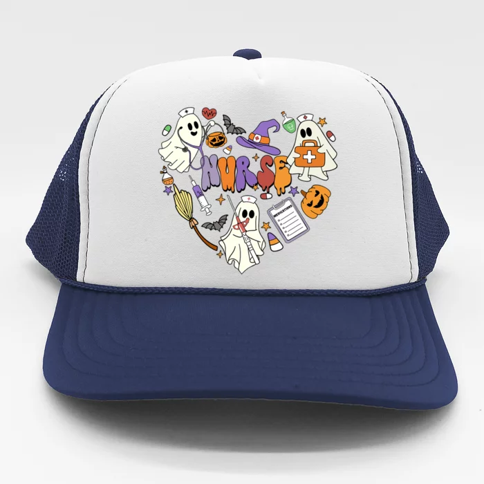 Heart Nurse Boo Ghost Groovy Spooky Season Retro Halloween Gift Trucker Hat