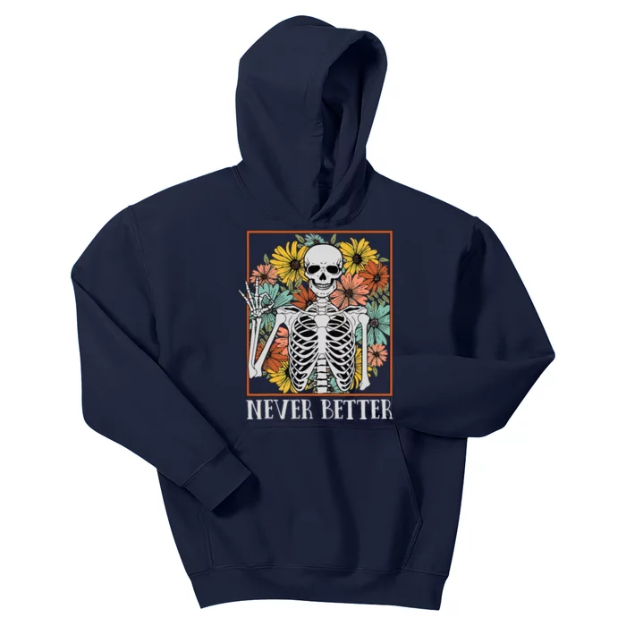 Halloween Never Better Skeleton Floral Skull Kids Hoodie