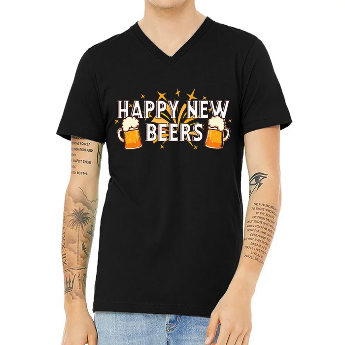 Happy New Beers  New Year NYE Party Funny New Years Eve V-Neck T-Shirt