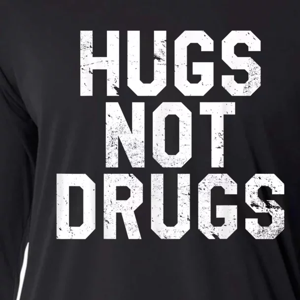 Hugs Not Drugs Distressed Jumbo Print Graphic Cooling Performance Long Sleeve Crew