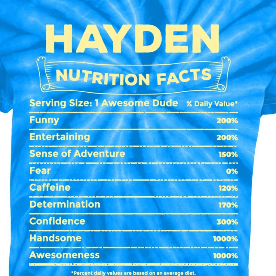 Hayden Nutrition Facts Personalized Name Quirky Funny Gift Kids Tie-Dye T-Shirt