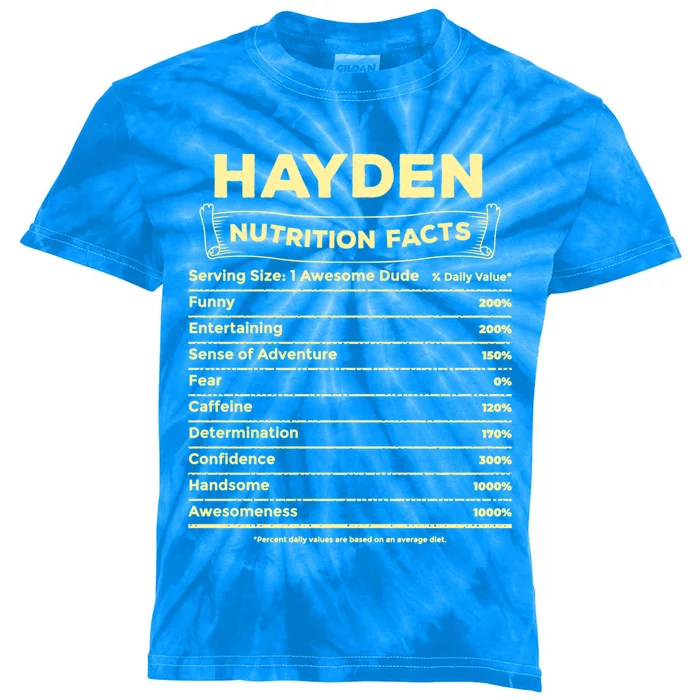 Hayden Nutrition Facts Personalized Name Quirky Funny Gift Kids Tie-Dye T-Shirt