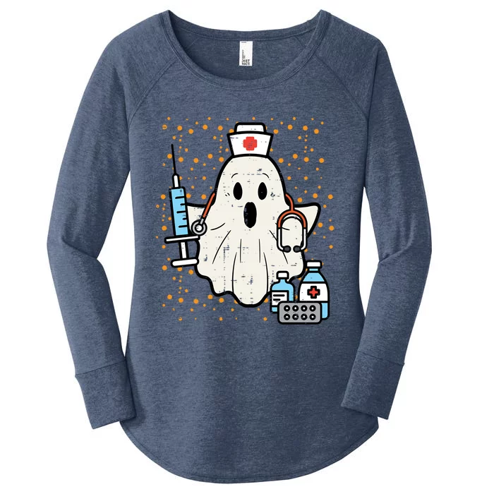 Halloween Nurse Ghost Boo Nursing Scrub Top Costume Cute Gift Women's Perfect Tri Tunic Long Sleeve Shirt