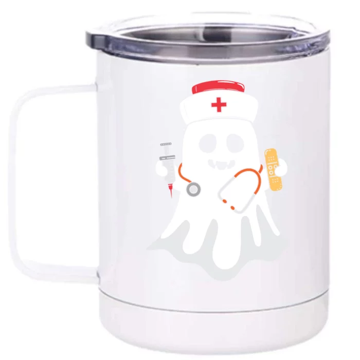 Halloween Nurse Ghost Scrub Top Halloween Costume Nursing Gift Front & Back 12oz Stainless Steel Tumbler Cup