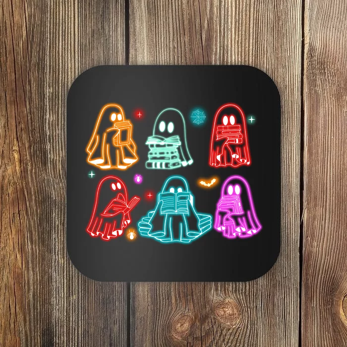 Halloween Neon Ghost Reading Books Spooky Season Coaster