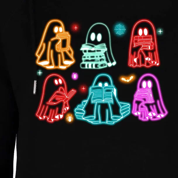 Halloween Neon Ghost Reading Books Spooky Season Womens Funnel Neck Pullover Hood