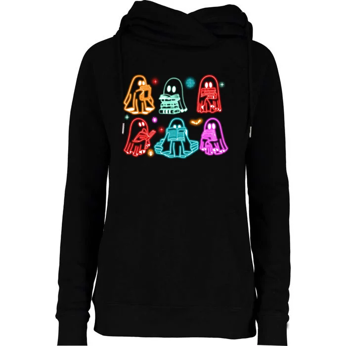 Halloween Neon Ghost Reading Books Spooky Season Womens Funnel Neck Pullover Hood