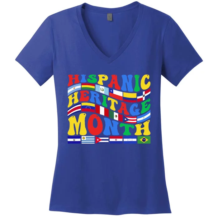 Happy National Hispanic Heritage Month All Countries Groovy Women's V-Neck T-Shirt