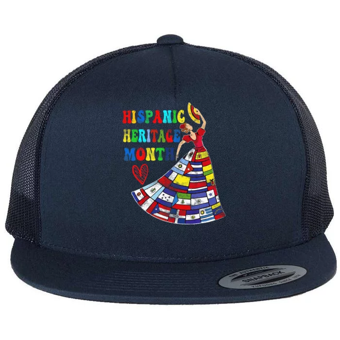 Happy National Hispanic Heritage Month All Countries Heart Flat Bill Trucker Hat