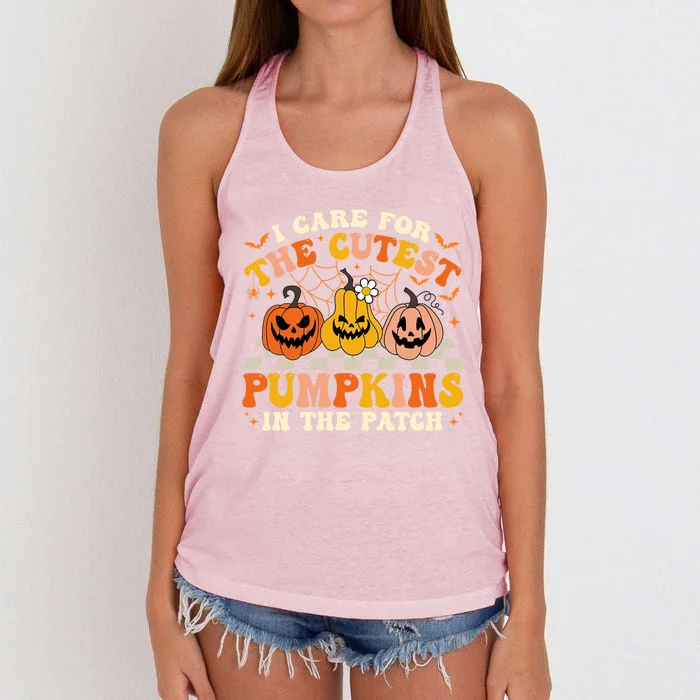 Halloween Nurse I Care For The Cutest Pumpkins In The Patch Gift Women's Knotted Racerback Tank