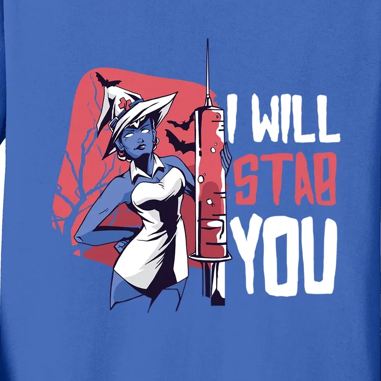 Halloween Nurse I Will Stab You Funny Scary Outfit Gift Kids Long Sleeve Shirt