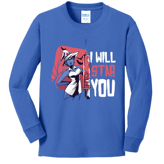 Halloween Nurse I Will Stab You Funny Scary Outfit Gift Kids Long Sleeve Shirt