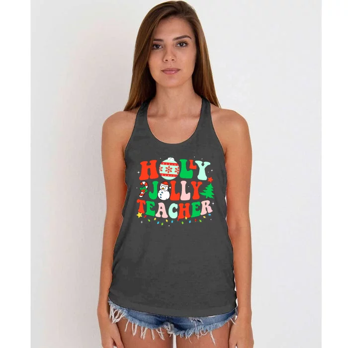 Holly N Jolly Santa Christmas Teacher Life Cute Xmas Holiday Women's Knotted Racerback Tank