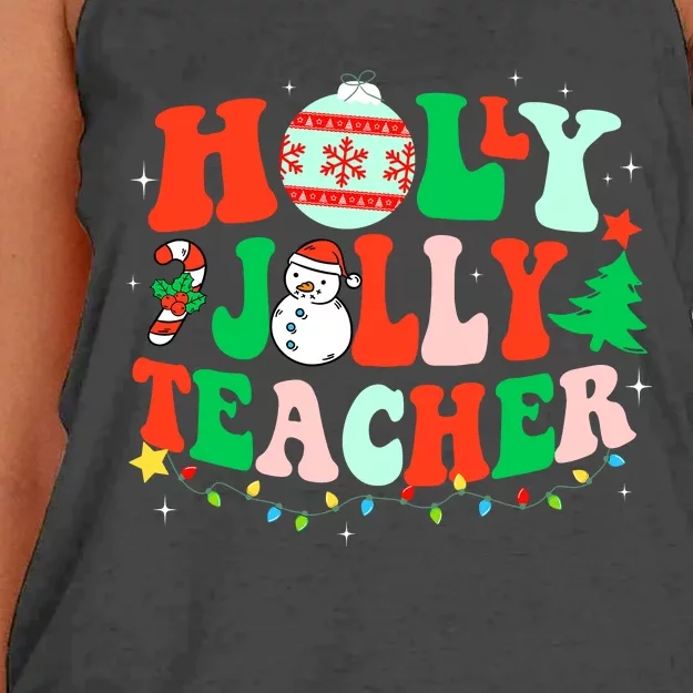 Holly N Jolly Santa Christmas Teacher Life Cute Xmas Holiday Women's Knotted Racerback Tank