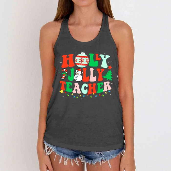 Holly N Jolly Santa Christmas Teacher Life Cute Xmas Holiday Women's Knotted Racerback Tank