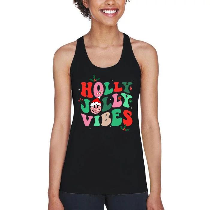 Holly n Jolly Santa Christmas Smiling Vibes Xmas Holiday Women's Racerback Tank