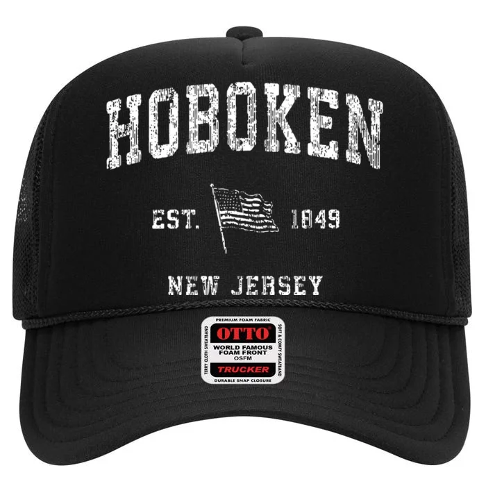 Hoboken New Jersey Nj Vintage Us Flag Sports High Crown Mesh Trucker Hat