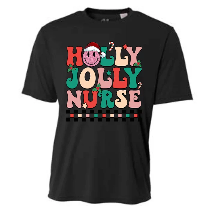 Holly N Jolly Nurse Smile Santa Hat Groovy Nurse Christmas Gift Cooling Performance Crew T-Shirt