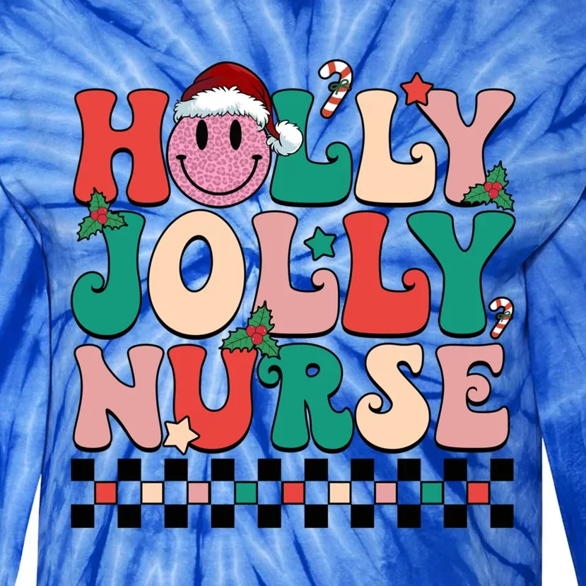 Holly N Jolly Nurse Smile Santa Hat Groovy Nurse Christmas Gift Tie-Dye Long Sleeve Shirt