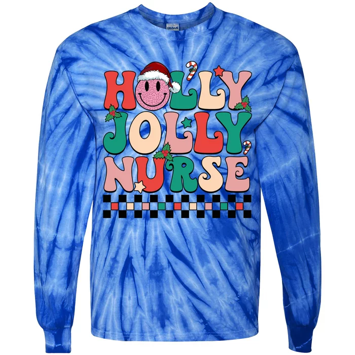 Holly N Jolly Nurse Smile Santa Hat Groovy Nurse Christmas Gift Tie-Dye Long Sleeve Shirt