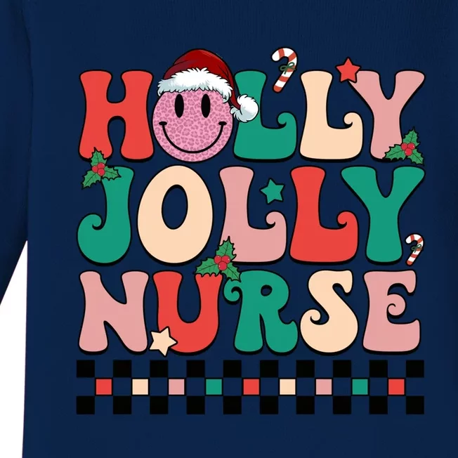 Holly N Jolly Nurse Smile Santa Hat Groovy Nurse Christmas Gift Baby Long Sleeve Bodysuit