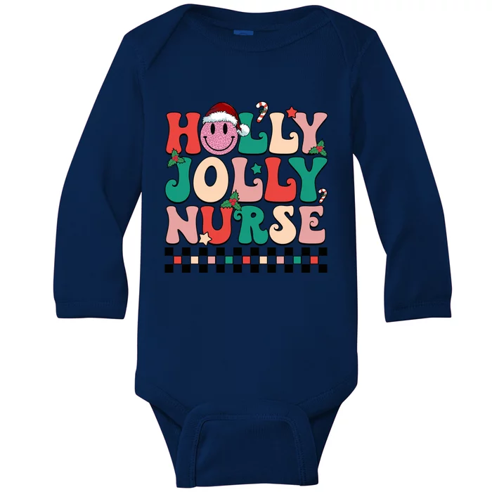 Holly N Jolly Nurse Smile Santa Hat Groovy Nurse Christmas Gift Baby Long Sleeve Bodysuit