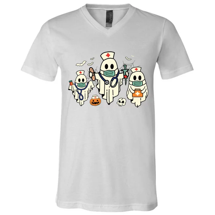 Halloween Nurse Nursing Funny Health Worker Rn Ghost Nurse V-Neck T-Shirt