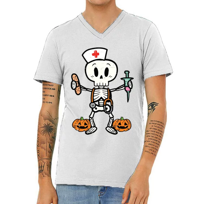 Halloween Nicu Nurse Skeleton Scrub Top Costume V-Neck T-Shirt