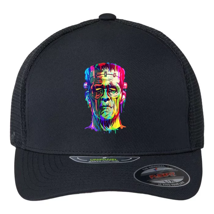 Halloween Neon Paint Drip Frankenstein Monster Flexfit Unipanel Trucker Cap