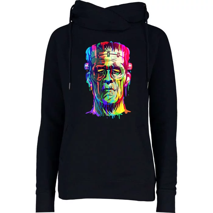 Halloween Neon Paint Drip Frankenstein Monster Womens Funnel Neck Pullover Hood