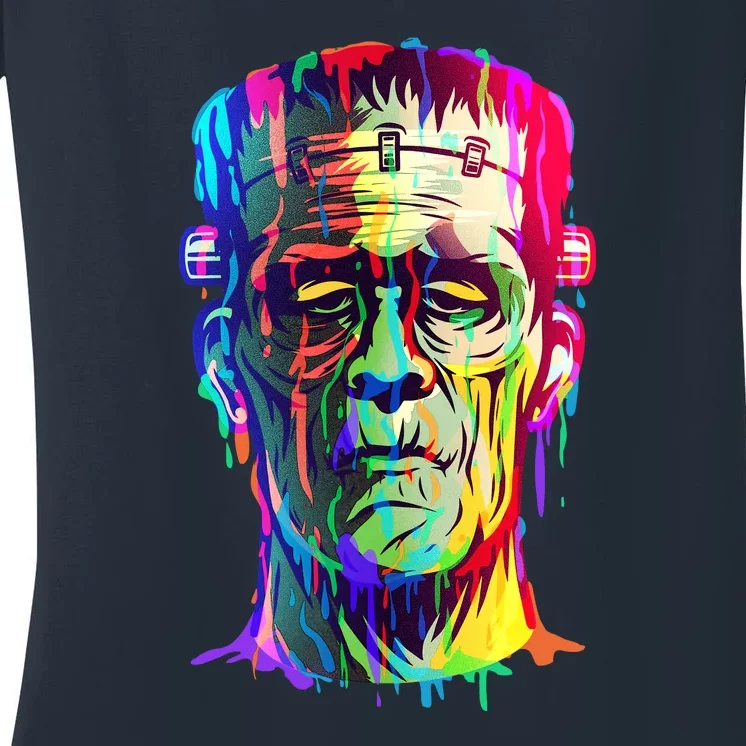 Halloween Neon Paint Drip Frankenstein Monster Women's V-Neck T-Shirt