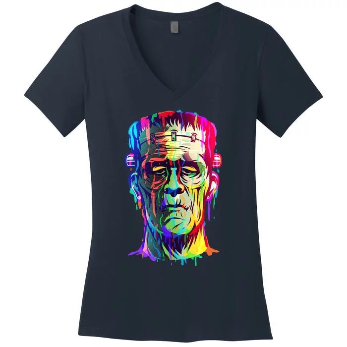 Halloween Neon Paint Drip Frankenstein Monster Women's V-Neck T-Shirt