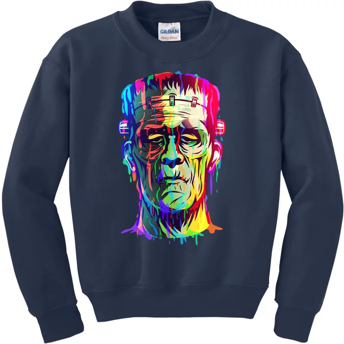 Halloween Neon Paint Drip Frankenstein Monster Kids Sweatshirt