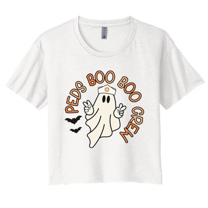 Halloween Nurse Peds Boo Boo Crew Pediatric Nurse Ghost Fall Women's Crop Top Tee