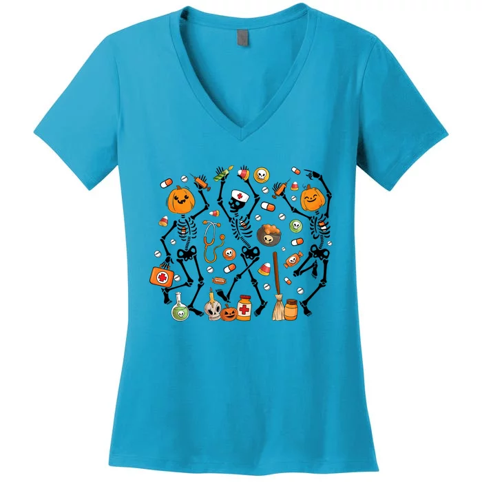 Halloween Nurse Skeleton Dancing Spooky Nurse Boo Boo Crew Gift Women's V-Neck T-Shirt